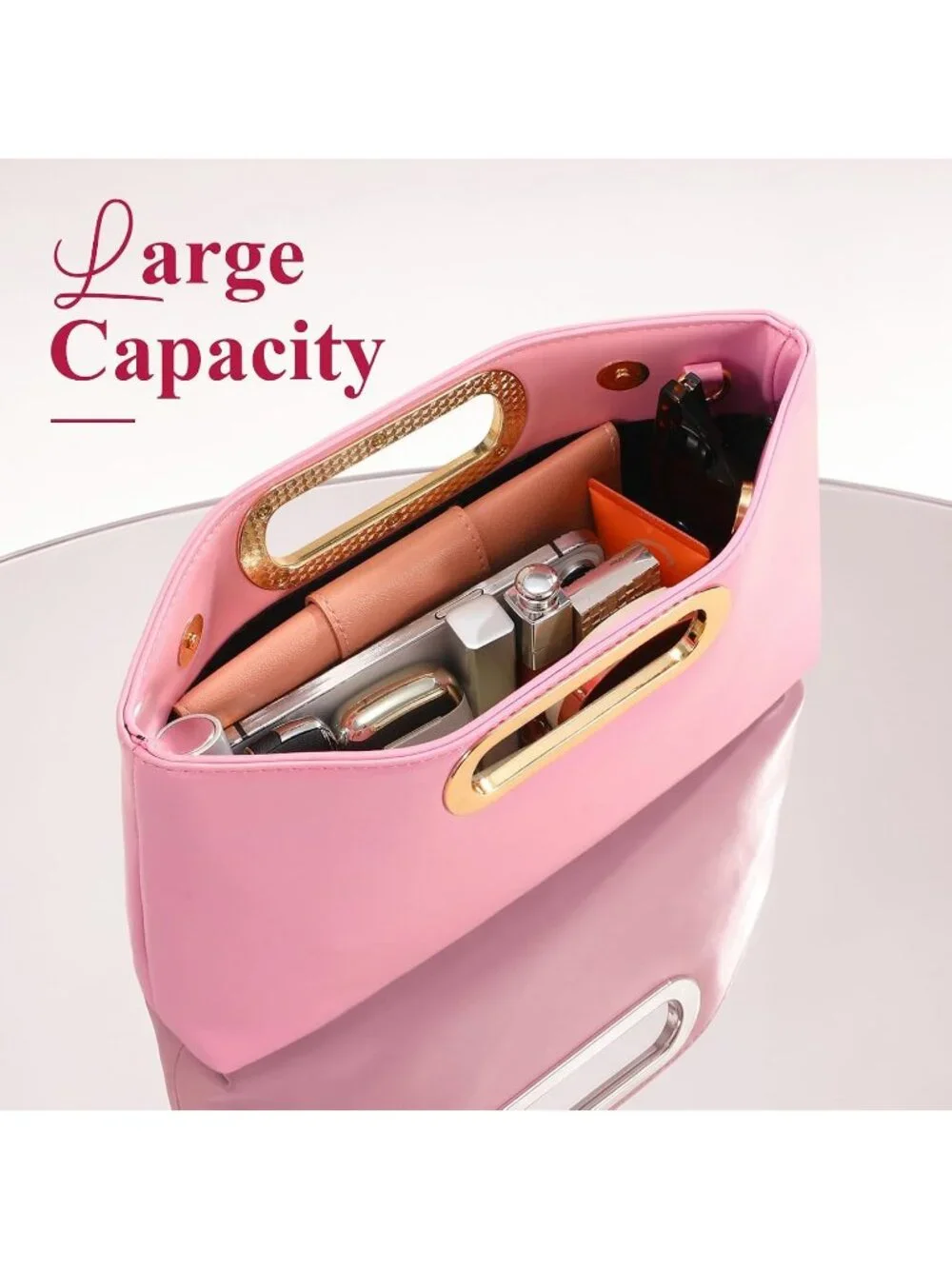 Womens Pink Clutch Handbag Modern Faux Leather with Metal Handle Evening Bag
